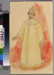 Projeto de figurino para a ópera ""Boris Godunov"" de Modest Mussorgsky (1839-1881). Obra de Kuzma Sergeyevich Petrov Vodkin (Petrov-Vodkin) (Kouzma Petrov Vodkin) (Petrov-Vodkin) (1878-1939), lápis e aquarela sobre papel