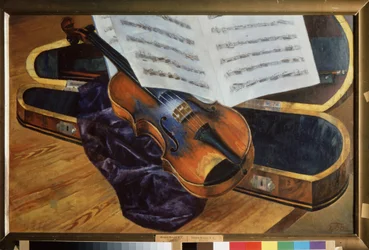 Violino em um estojo (Violino em um estojo). Pintura de Kuzma Sergeyevich Petrov Vodkin (Petrov-Vodkin) (Kouzma Petrov Vodkin) (Petrov-Vodkin) (1878-1939), óleo sobre tela
