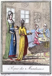 Refeição das mulheres muçulmanas - in "Encyclopédie des voyages" de J. Grasset St Sauveur, ed. Deroy, Paris