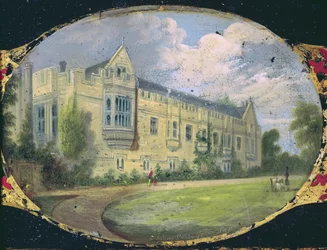 Painel de caixa de costura vitoriana decorado com uma camafeu oval dos jardins do St. John&39;s College, Oxford (papel machê)