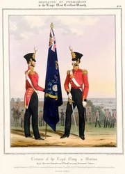 Traje da Marinha Real e dos Fuzileiros Navais. Fuzileiros Reais (Subalternos) 2d. Tenente, c.1832 (litografia colorida)