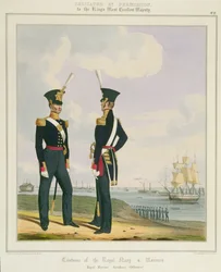 Oficiais de Artilharia Marinha Real, prato 8 de &39;Traje da Marinha Real e Marinha&39;, gravado pelos artistas, c.1830-37