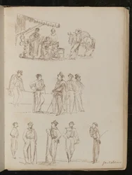 Cadeirinhas de frutas com mulheres e um homem fumante, estudo de cinco cavalheiros, estudo de cinco soldados com o rótulo "Garibaldians" (caneta e tinta)