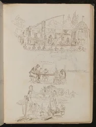 Uma cena de jardim e lavanderia com figuras femininas com a inscrição "Poço Genovês" e um estudo de quatro figuras com a inscrição "Família de Manenti no jantar"