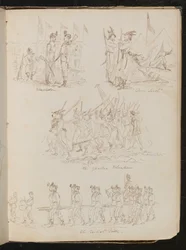 Quatro cenas de batalhão com as inscrições "Wimbledon", "Down South", "The Yankee Volunteers", "The British Ditto" com vários tipos de soldados