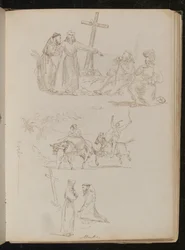 Quatro figuras ao lado da cruz de madeira, estudo de dois jovens com paus nos burros, estudo de dois monges, um ajoelhado diante da cruz de madeira