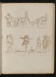 Oficial de gala com cartola e dragonas andando em carruagem puxada por cavalos, estudo de seis soldados mediterrâneos e um cachorro