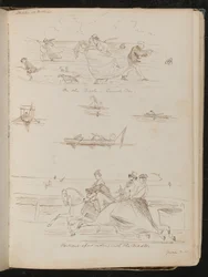 "No desfile, um dia de vento", barcos com excursionistas, cavaleiros a cavalo com a inscrição "cavalgando com o mestre"