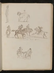 Soldado em uniforme completo, estudos de um jovem com vara de pescar a cavalo, quatro homens a cavalo com a inscrição "Oficiais de Cavalaria Piemonteses"