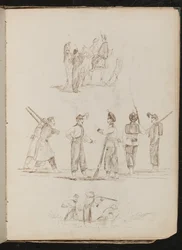 Estudo de soldados e cavalos