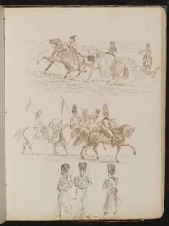 Estudo de duas mulheres e um homem cavalgando em uma paisagem montanhosa, estudo de soldados a cavalo, estudo de três guardas conversando