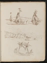 Três estudos de ilhas rochosas, uma paisagem aquática com pessoas e barcos e palmeiras
