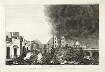 Vista de Torro del Greco: Tomada no dia 8 após a erupção do Vesúvio, 15 de junho de 1794, 1822 (gravura e gravura)
