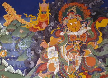 Fresco representando divindades coloridas, Mosteiro Budista Lamayuru (Lamayuru Gompa), Himalaias, distrito de Ladakh, estado de Jammu e Caxemira, Índia
