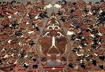 Pintura em estilo Wayang Beber, inspirada no Teatro das Sombras (wayang kulit), Palácio Mangkunegaran, Surakarta, Java, Indonésia