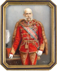 Retrato de François Joseph I da Áustria (1830-1916), em uniforme húngaro. Obra de Lajos Osko (1865-1922), aquarela e guache sobre chifre. Arte húngara, arte acadêmica. Coleção privada.