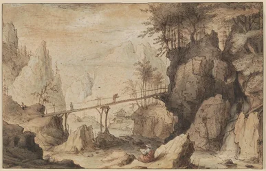 Desenhador em uma pedra antes de uma ponte