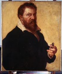Auto-retrato (Auto-retrato). Retrato do artista segurando os seus óculos na sua mão. Pintura por Lambert Lombard (1505-1566)