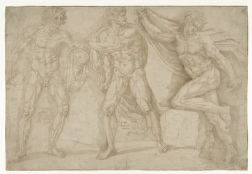 Três homens nus em diferentes poses