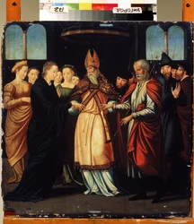 O Casamento de Maria com José. Pintura por Lambert Lombard (1505-1566). Arte renascentista. Óleo sobre madeira. Museu Regional de Arte, Uzhhorod (Uzhgorod), Ucrânia