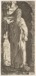 São Paulo de pé sob um arco coberto de mato, o pé esquerdo apoiado sobre uma rocha, a mão direita..., 1545.