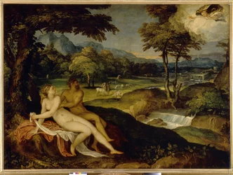 Júpiter e Io. Pintura por Lambert Sustris (1515 ou 1520 - após 1591), óleo sobre tela, entre 1558 e 1563. Arte italiana (Veneza)