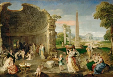 Paisagem com ruínas antigas e mulheres a tomar banho ... (óleo sobre tela)