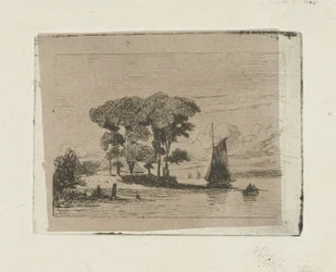 Paisagem fluvial com veleiro e árvores