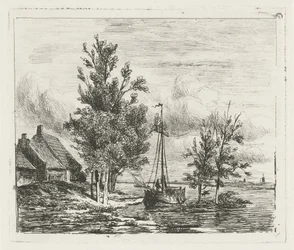 Paisagem fluvial com barco à vela e casa de campo