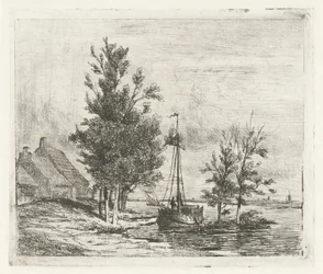 Paisagem fluvial com barco à vela e casa de campo