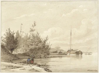 Paisagem com barcos amarrados numa margem de rio