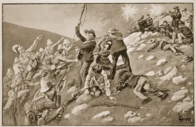 A acusação dos Inniskillings: a Batalha de Pieter Hill, ilustração de "Battles of the 19th Century", vol. VI: A Guerra dos Bôeres de 1899-1900 &39;por Archibald Forbes, GA Henty e Major Arthur
