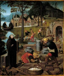 Lenda de São Bertin: a Abadia de São Bertin de Sithiu (610-709) dirige a construção do mosteiro de Sithiu em Saint Omer. Detalhe de um painel atribuído a Lancelot Blondeel (1495-1561) a partir do tesouro de São Bertin. Museu de Belas Artes, Dijon