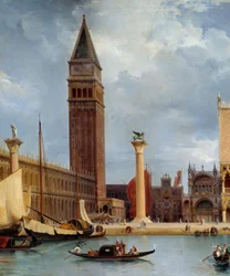 Visita ao detalhe do palácio da vista de parte do palácio ducal e da piazzetta em Veneza. Pintura de Theodore Turpin De Crisse (1782-1859)