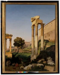Vista do Fórum Romano com os templos de Vespasiano e Saturno
