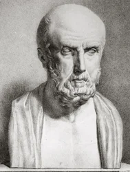 Retrato, de, hipócrates, c.460-c.377, bc, 1º, meio, 19o século, litho, bw, detalhe foto, de, 163525