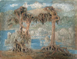 ""Paisagem"" Scrawny Trees on the Seashore, Noruega - Pintura de Lars Hertervig (1830-1902) 1902 Museu Nacional de Arte, Oslo Noruega