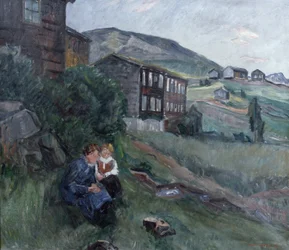 De Gudbrandsdalen, mulher e criança na paisagem