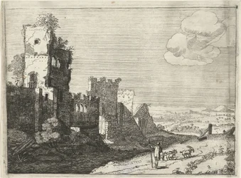 Pastor de cabras em um fosso do castelo Paisagens com construções romanas antigas (título da série)