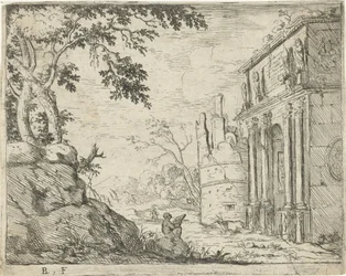 Artífice perto das ruínas de um arco triunfal
Paisagens italianas com ruínas (título da série)
