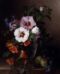 Natureza-morta de hibiscos e capuchinhas num vaso de vidro. Pintura de Julie Guyot (Fl. cerca de 1810)