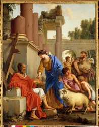O trabalho é restaurado em suas posses Deus faz um trabalho próspero depois de ser atingido pelo maha. Pintura de Laurent de La Hyre (1606-1656)