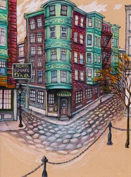 North Square Diner, 2025 (lápis de cor e tinta sobre papel matizado)