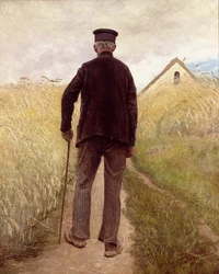 Velho a caminhar num campo de centeio