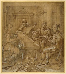 Uma alegoria da música: Fama nas virgens; dois jovens lutenistas sentados; um ancião barbudo ensina um rapaz a seguir uma partitura (caneta e tinta castanha com a cor do corpo e giz preto no papel)