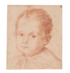 Estudo de retrato de uma criança com um colar de pérolas.