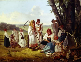 Descansar na Hora da Colheita. Um grupo de camponeses em traje tradicional, comendo e relaxando com os seus filhos, à sombra das árvores. Pintura por Lavr Kuzmich Plakhov (1810-1881), óleo sobre tela, ca. 1840. Arte russa