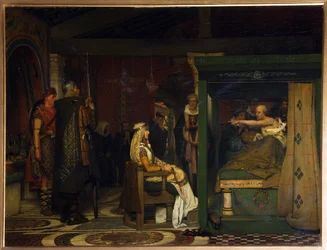 Fredegund (cerca de 545-597), Rainha da Nêustria, visita o Bispo Pretextat de Rouen (falecido em 586) em seu leito de morte (Fredegund visita o Bispo Praetextatus em seu leito de morte) - Pintura de Sir Lawrence Alma-Tadema (Alma Tadema) (1836-1912) , óleo