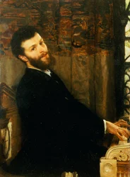 Retrato do cantor George Henschel tocando piano de Alma-Tadema, Townshend House, 1879