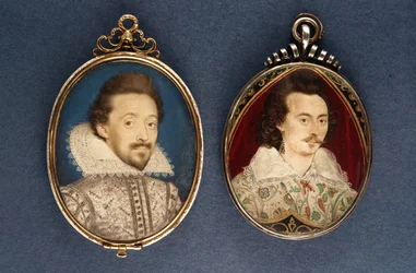 À esquerda: retrato de um jovem de Lawrence Hilliard, c.1620. À direita: retrato de um jovem de Nicholas Hilliard (1547-1619), c.1585